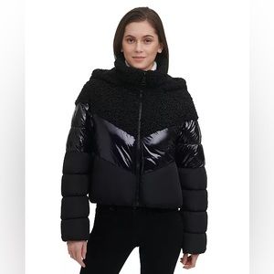 DKNY Women's Mixed-Media Hooded Cropped Puffer Jacket.